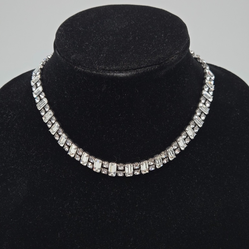 Vintage Weiss Rhinestone Emerald Cut Line Necklace Clear Silver Toned Choker